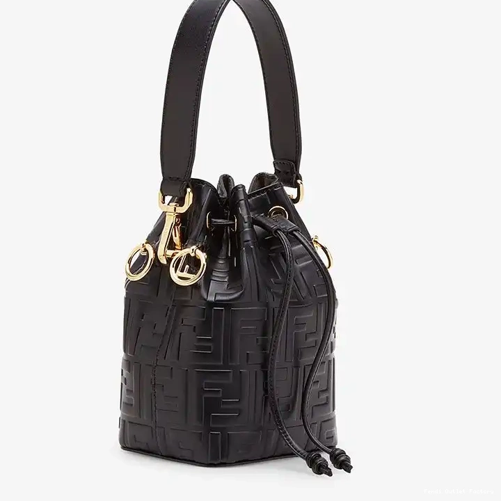 Affordable HOT Mon Mini Fendi FF Bag In Bucket Motif Black Tresor Leather Calf 0704